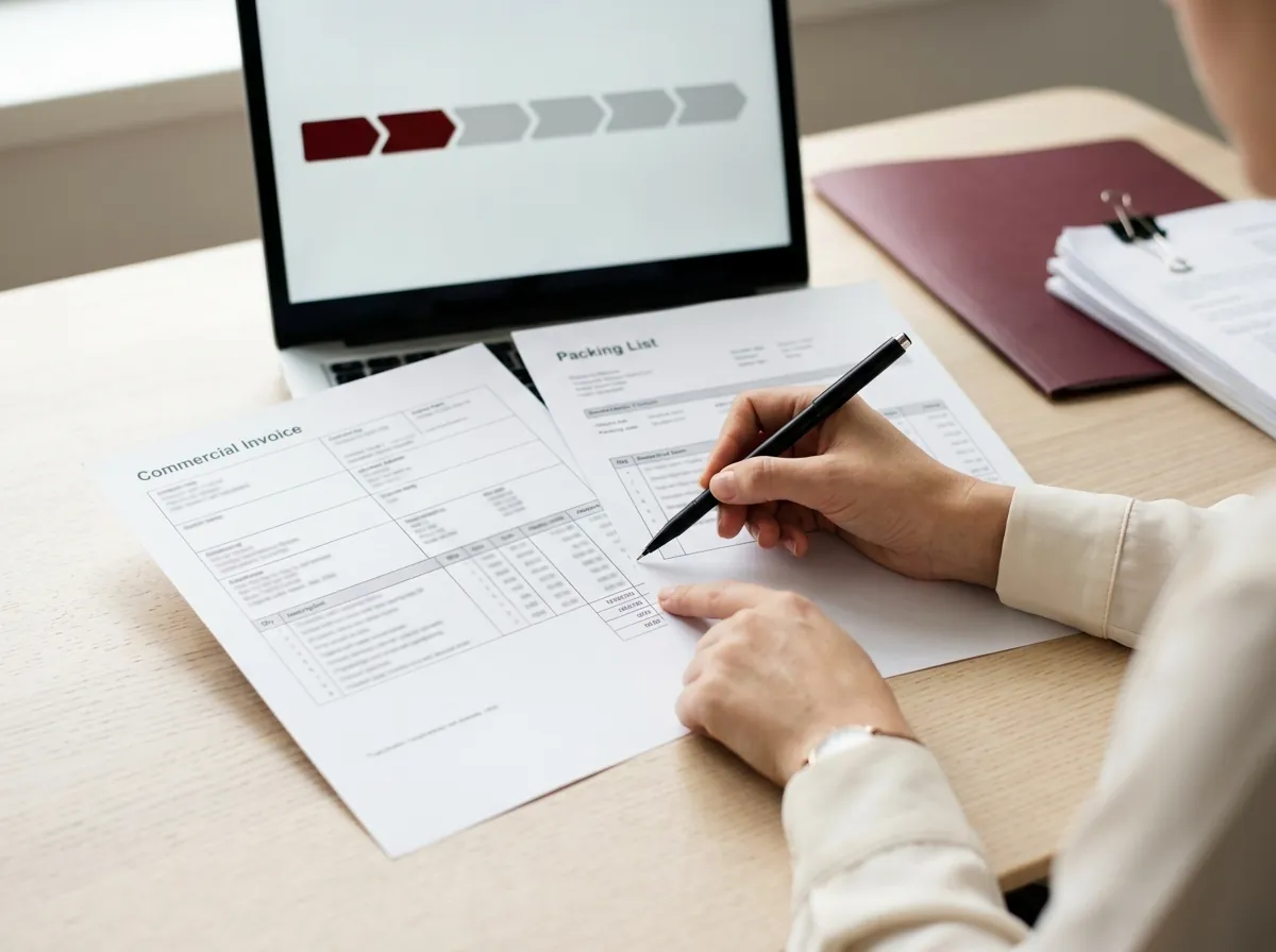 Analista da LS conferindo invoice e packing list linha por linha antes do registro da declaração