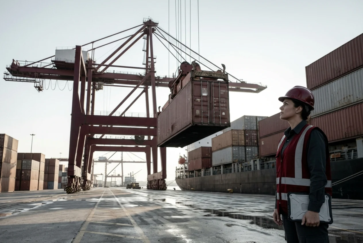 Profissional da LS acompanhando, no cais do Porto de Santos, o portêiner içar um contêiner para o navio