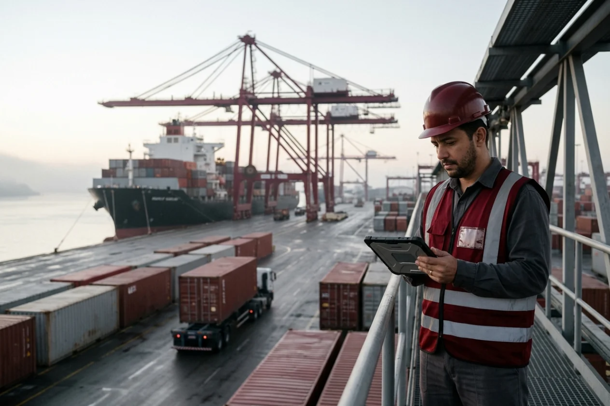 Profissional da LS acompanhando pelo tablet a descarga de contêineres em terminal do Porto de Santos