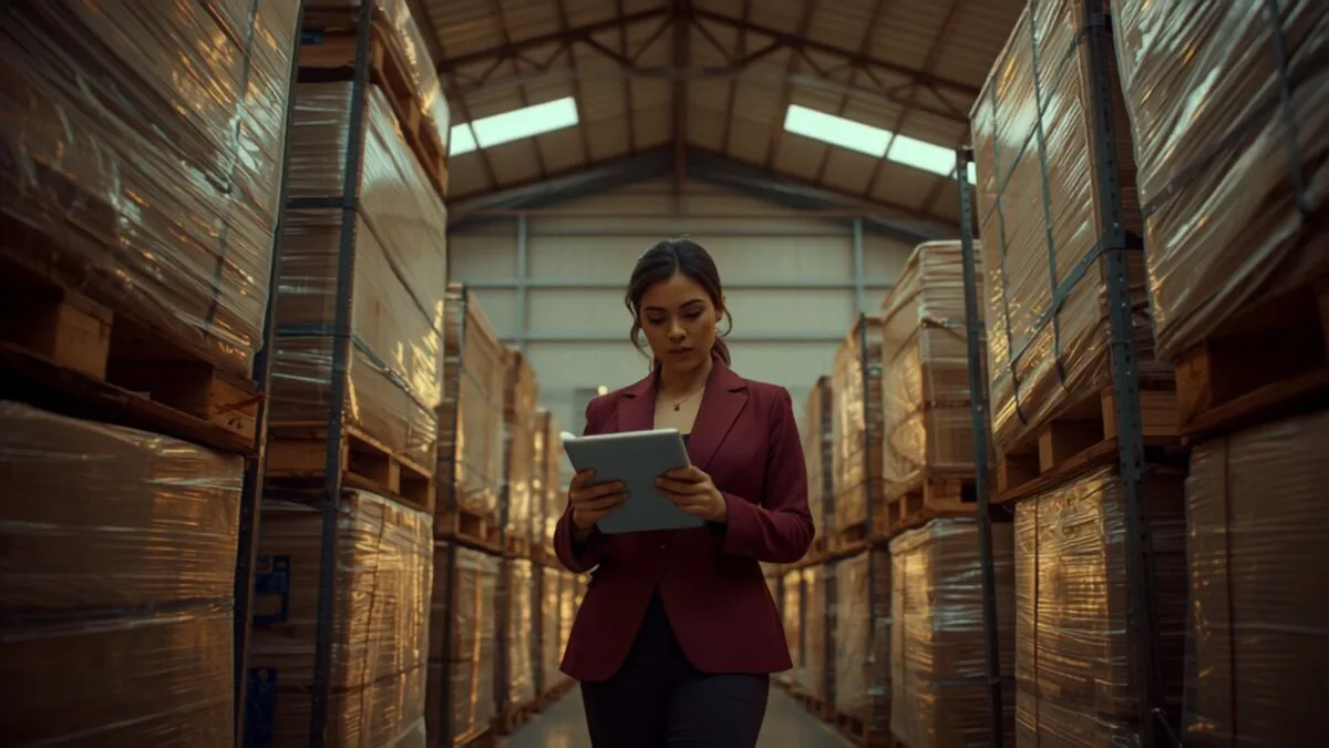 Profissional conferindo pallets de mercadoria importada em armazém com tablet